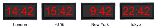 Network clocks displaying different time zones.