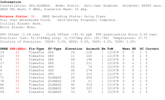 GPS-GNSS time server status information.