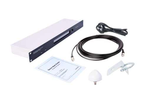 A typical rack-mountable hardware NTP server appliance complete with GPS/GNSS antenna, mount and cabling.